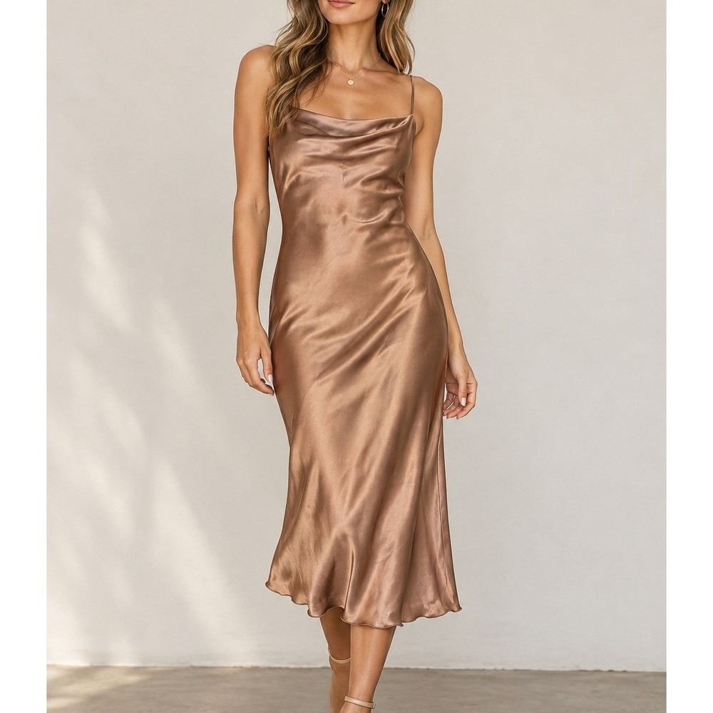 Bebe Bronze Satin Cowl Neck Midi Slip Dress Small Copper Brown Lettuce Edge Hem